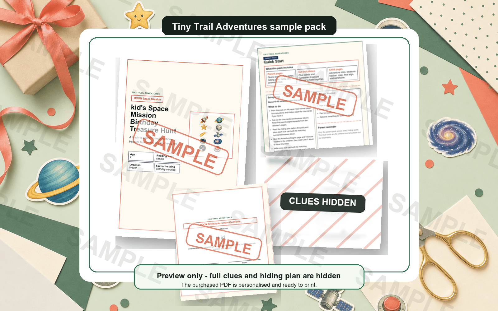 Sample preview of a Tiny Trail Adventures printable birthday treasure hunt pack with clues hidden.